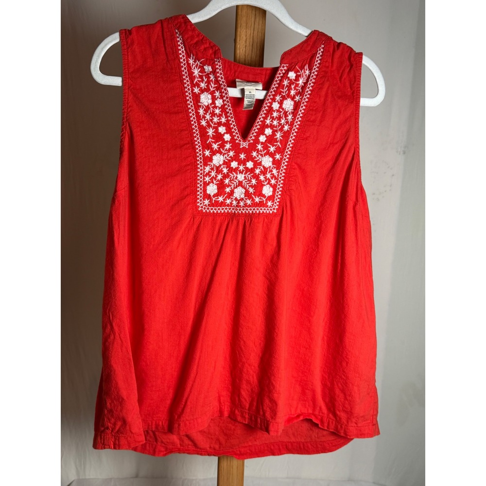 St Johns Bay Womens Coral Pink Embroidered V-Neck Sleeveless Blouse Top XL Boho